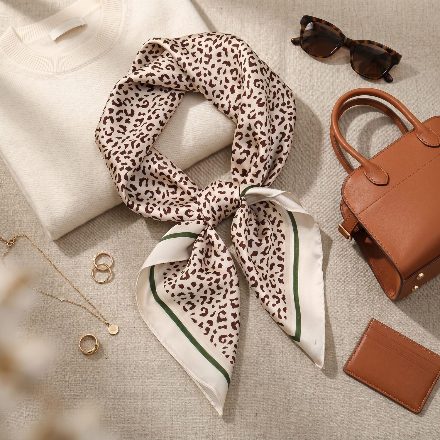 Roselys Paris foulard femme beige marron animalier carré satiné 70x70 cm, porté au cou
