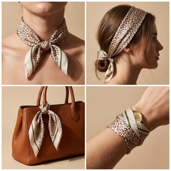 Roselys Paris foulard femme beige marron animalier carré satiné 70x70 cm, en bandeau dans les cheveux