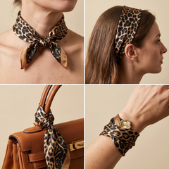 Roselys Paris foulard femme marron noir animalier carré satiné 70x70 cm, en bandeau dans les cheveux