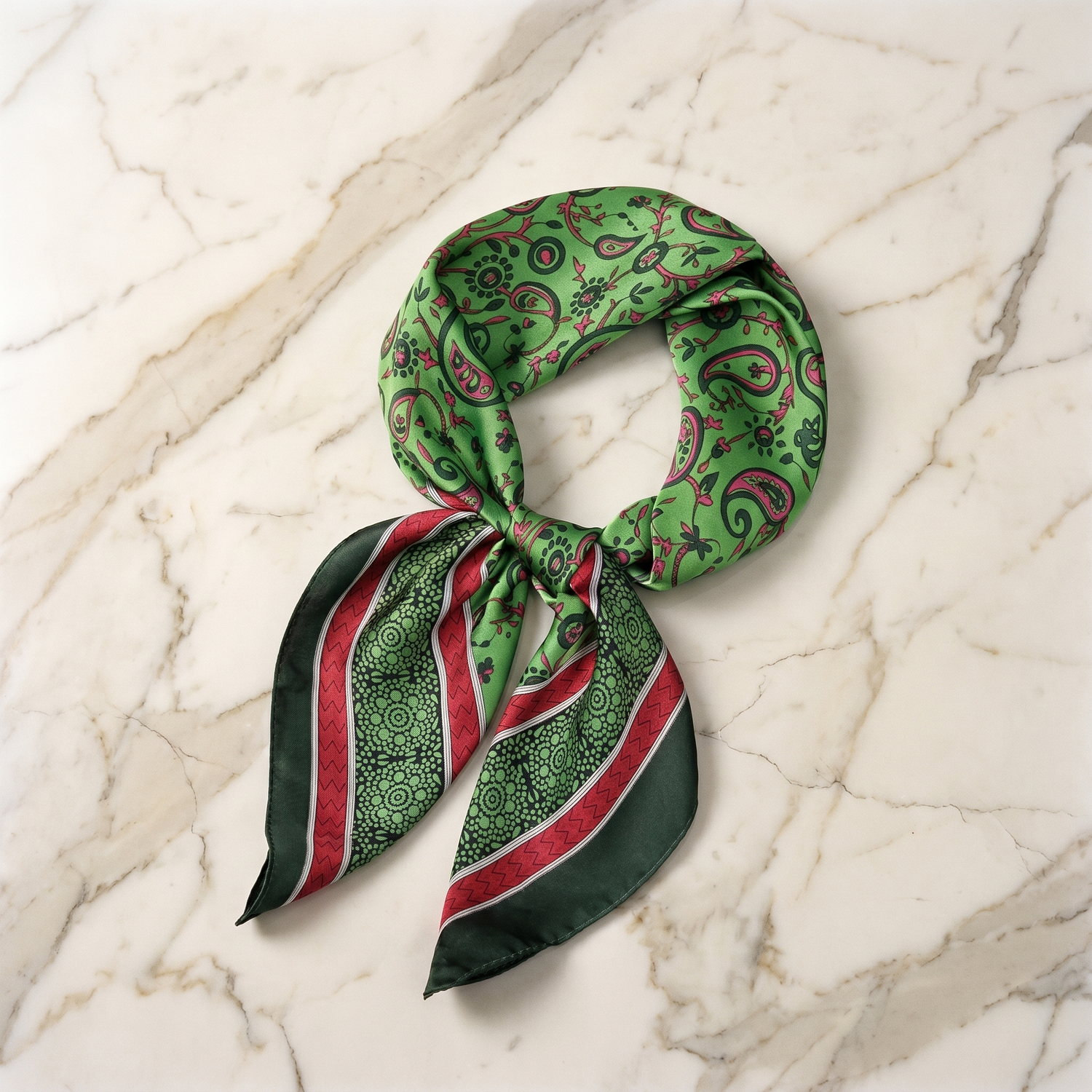 Roselys Paris foulard femme vert rouge baroque carré satiné 70x70 cm