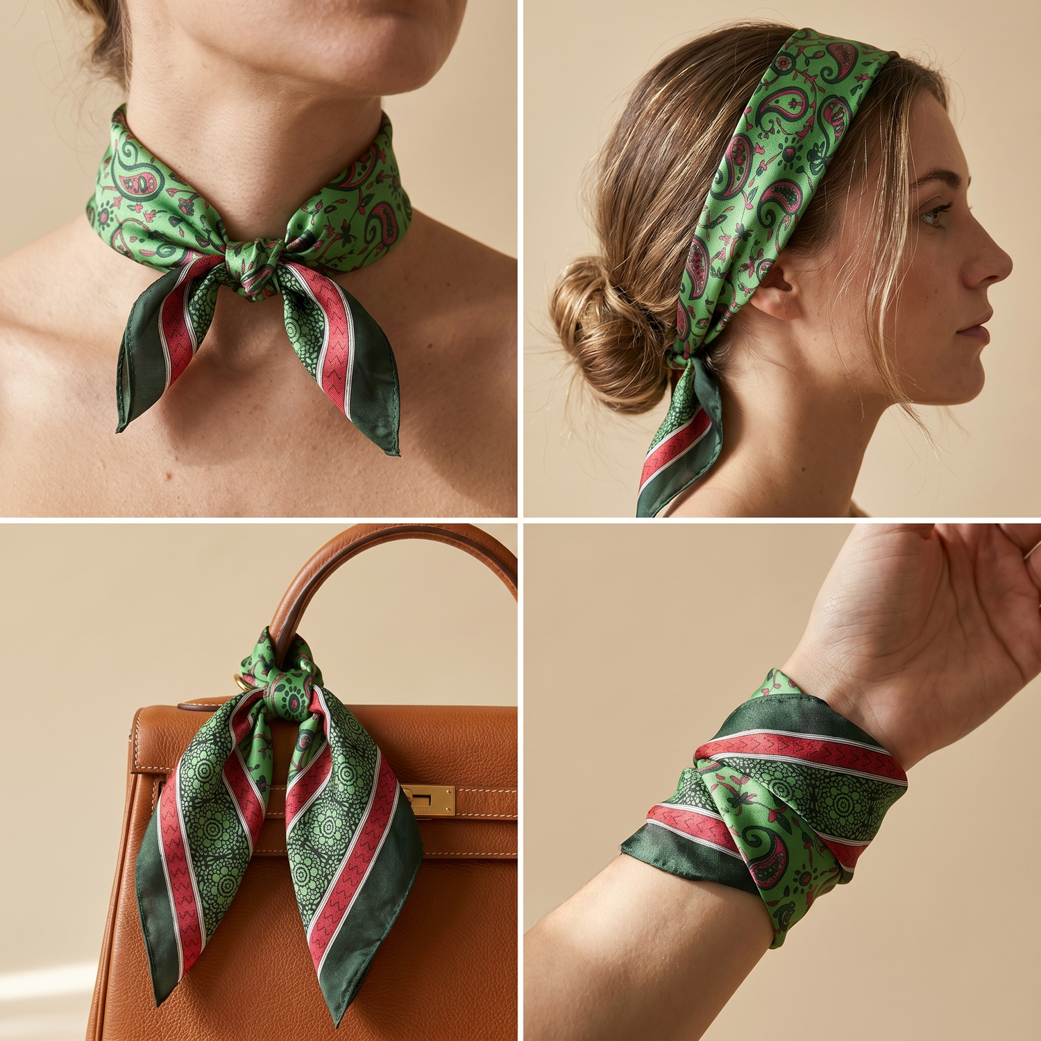 Roselys Paris foulard femme vert rouge baroque carré satiné 70x70 cm, en bandeau dans les cheveux