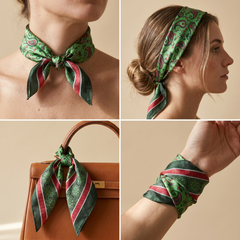 Roselys Paris foulard femme vert rouge baroque carré satiné 70x70 cm, en bandeau dans les cheveux