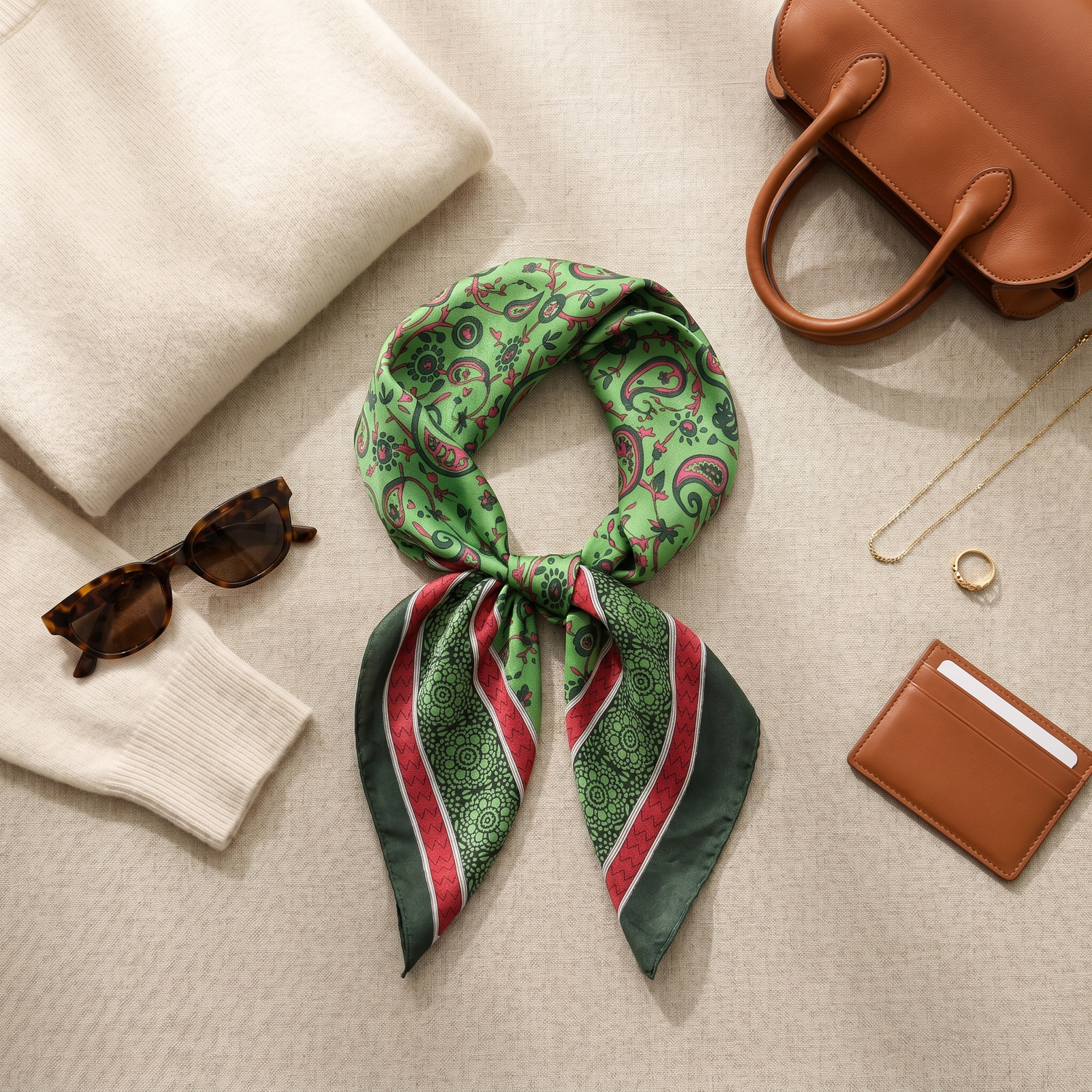 Roselys Paris foulard femme vert rouge baroque carré satiné 70x70 cm, porté au cou