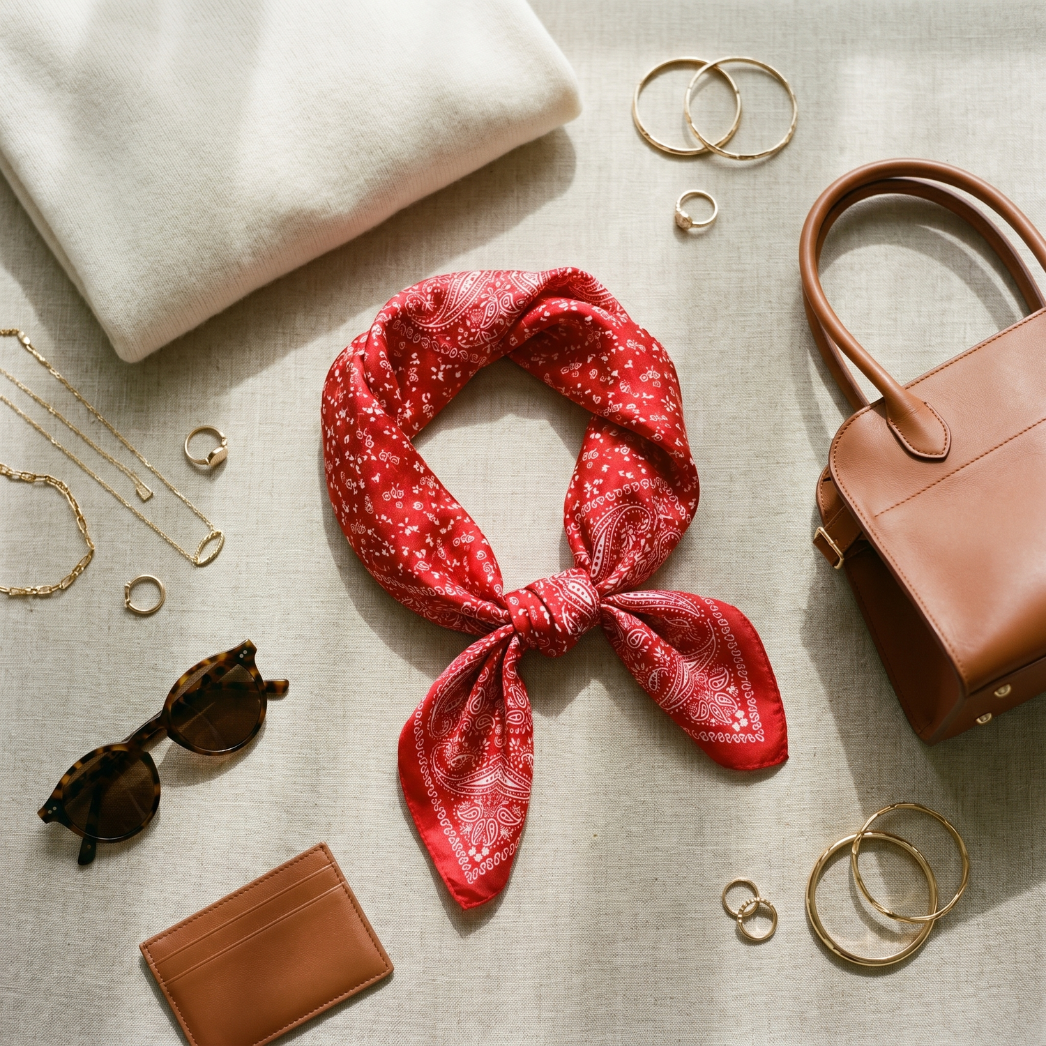 Roselys Paris foulard femme rouge blanc paisley carré satiné 70x70 cm, porté au cou