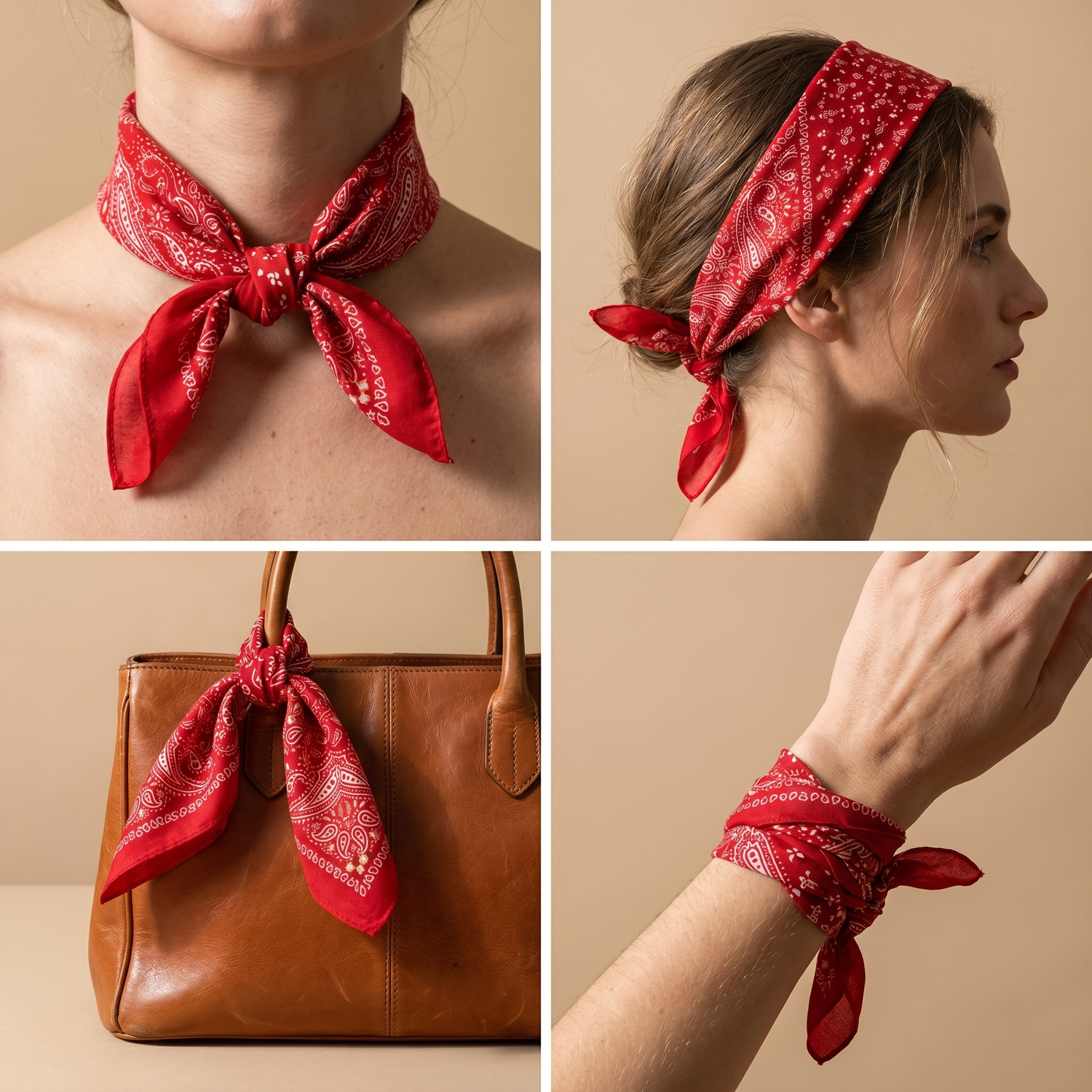 Roselys Paris foulard femme rouge blanc paisley carré satiné 70x70 cm, en bandeau dans les cheveux