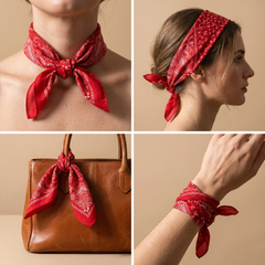 Roselys Paris foulard femme rouge blanc paisley carré satiné 70x70 cm, en bandeau dans les cheveux