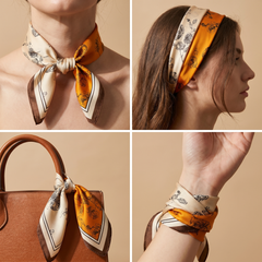 Roselys Paris foulard femme crème orange baroque carré satiné 70x70 cm, en bandeau dans les cheveux
