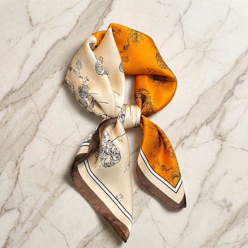 Roselys Paris foulard femme crème orange baroque carré satiné 70x70 cm