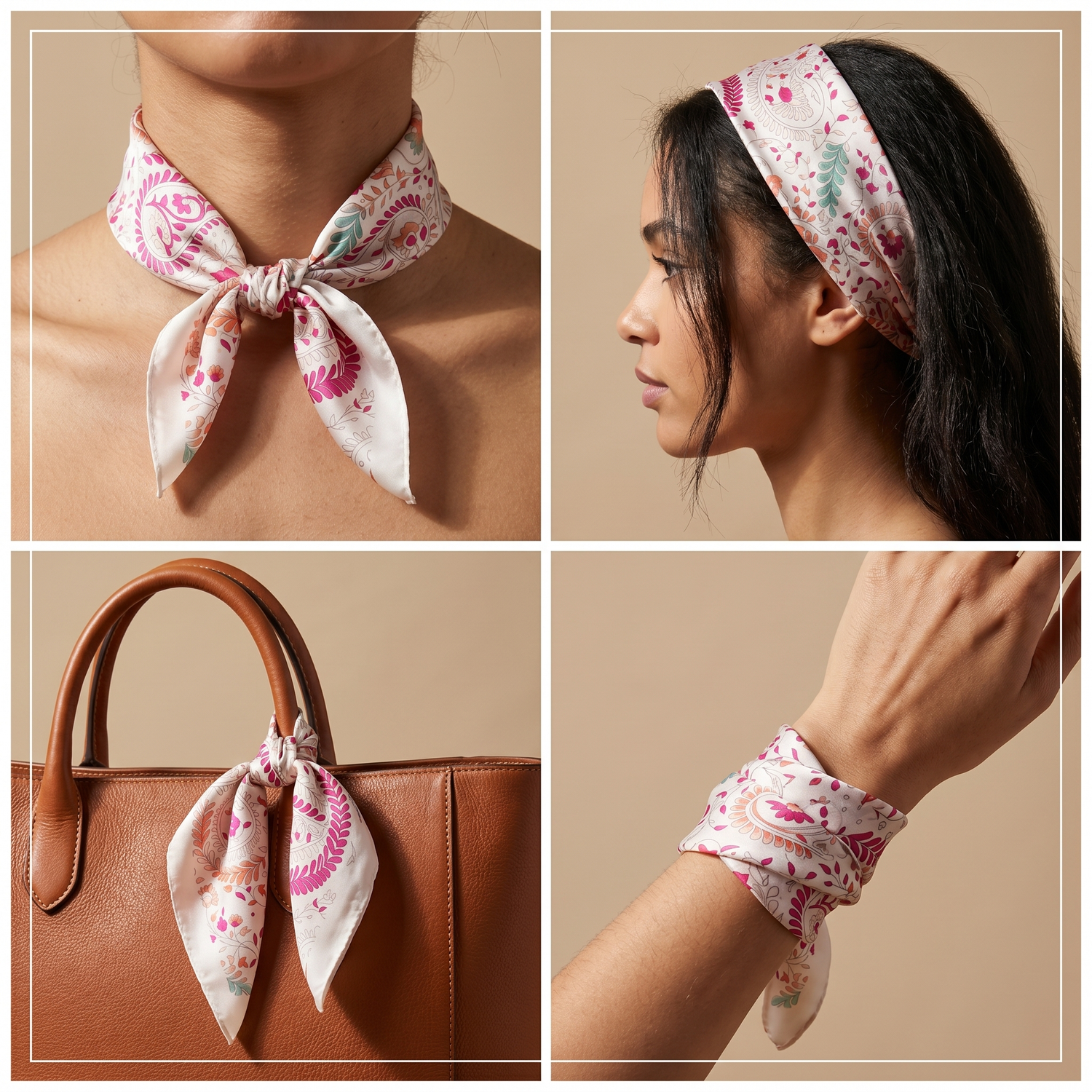 Roselys Paris foulard femme blanc rose fleuri carré satiné 70x70 cm, en bandeau dans les cheveux