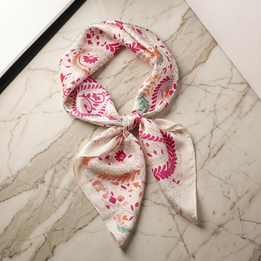 Roselys Paris foulard femme blanc rose fleuri carré satiné 70x70 cm