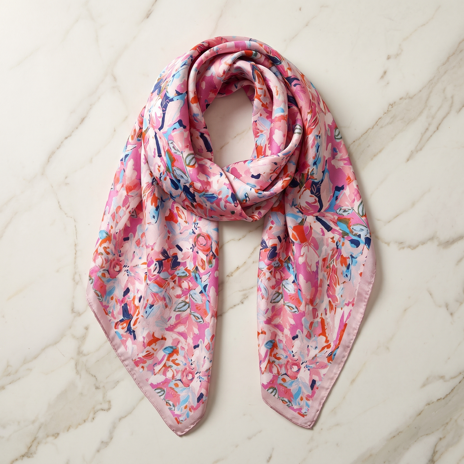 Roselys Paris foulard femme rose bleu ciel fleuri carré satiné 70x70 cm