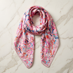 Roselys Paris foulard femme rose bleu ciel fleuri carré satiné 70x70 cm