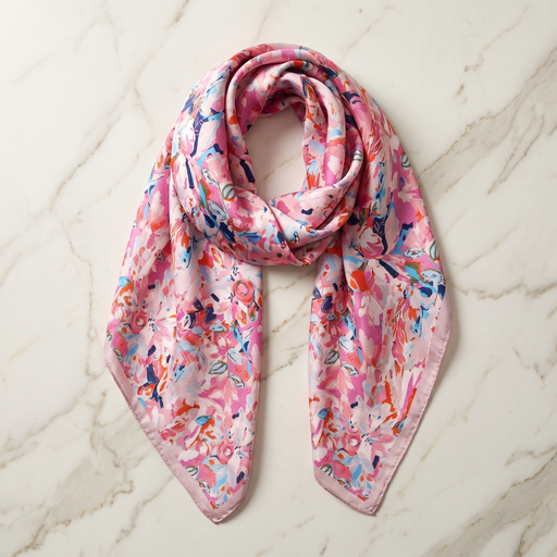 Roselys Paris foulard femme rose bleu ciel fleuri carré satiné 70x70 cm