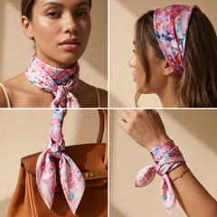 Roselys Paris foulard femme rose bleu ciel fleuri carré satiné 70x70 cm, en bandeau dans les cheveux