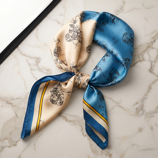 Roselys Paris foulard femme bleu crème baroque carré satiné 70x70 cm