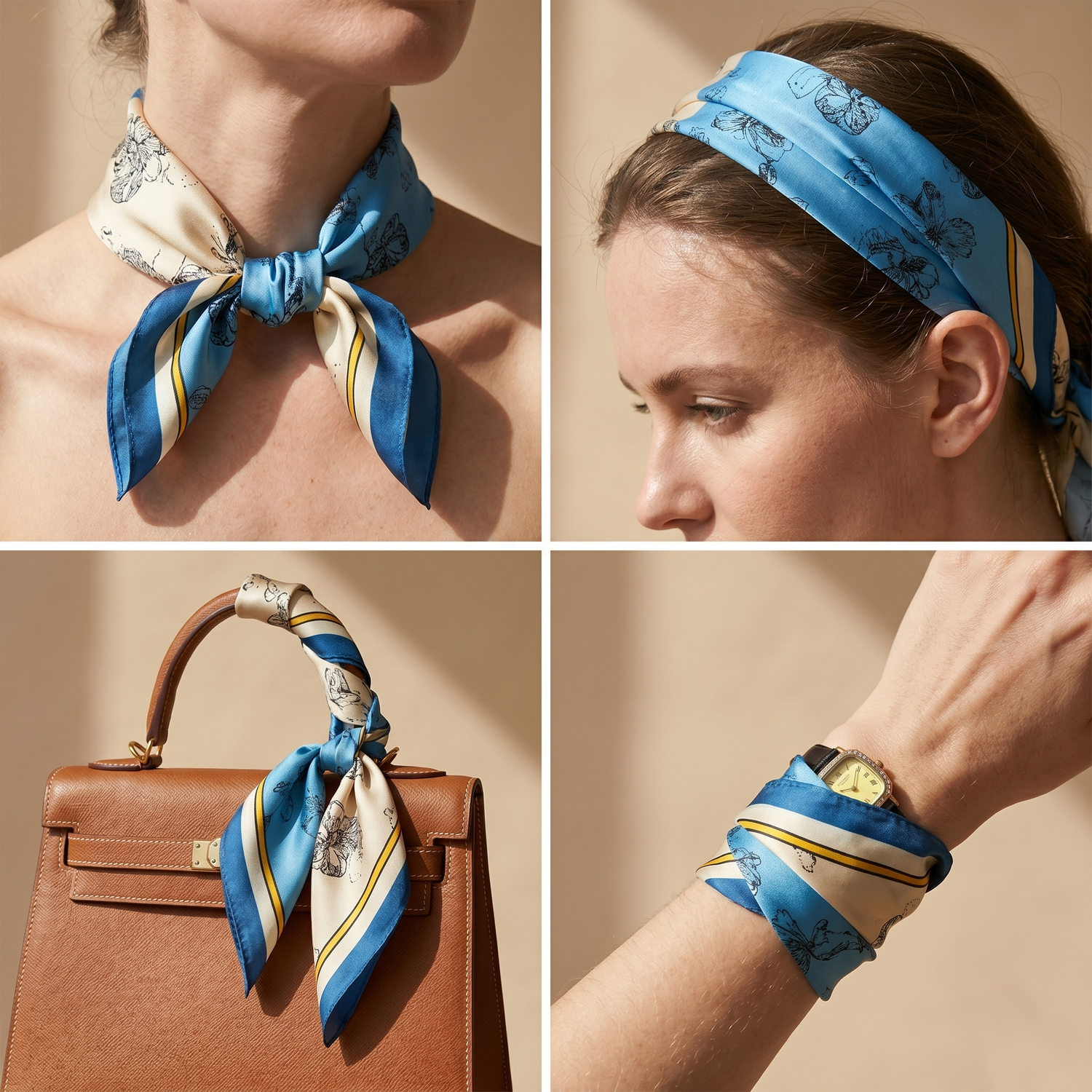 Roselys Paris foulard femme bleu crème baroque carré satiné 70x70 cm, en bandeau dans les cheveux