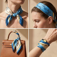 Roselys Paris foulard femme bleu crème baroque carré satiné 70x70 cm, en bandeau dans les cheveux
