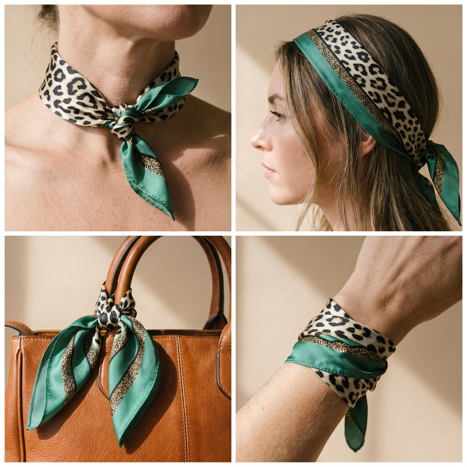 Roselys Paris foulard femme marron vert animalier carré satiné 70x70 cm, en bandeau dans les cheveux