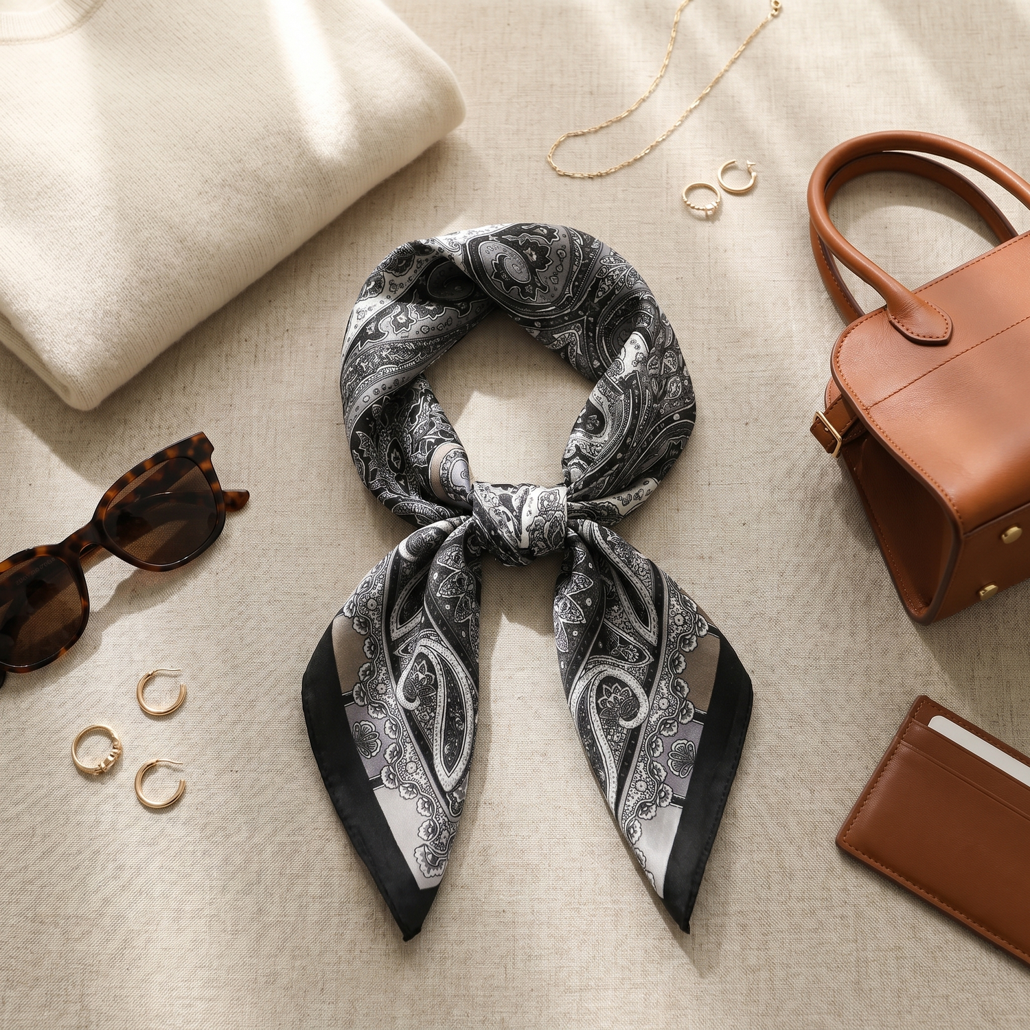 Roselys Paris foulard femme gris noir paisley carré satiné 70x70 cm, porté au cou