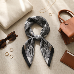 Roselys Paris foulard femme gris noir paisley carré satiné 70x70 cm, porté au cou