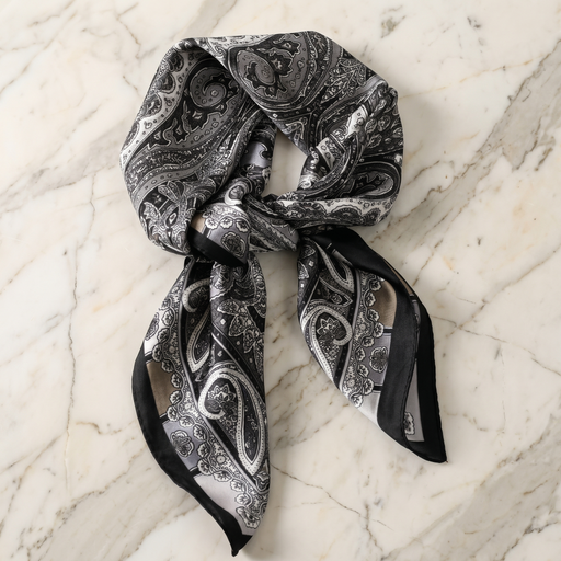 Roselys Paris foulard femme gris noir paisley carré satiné 70x70 cm
