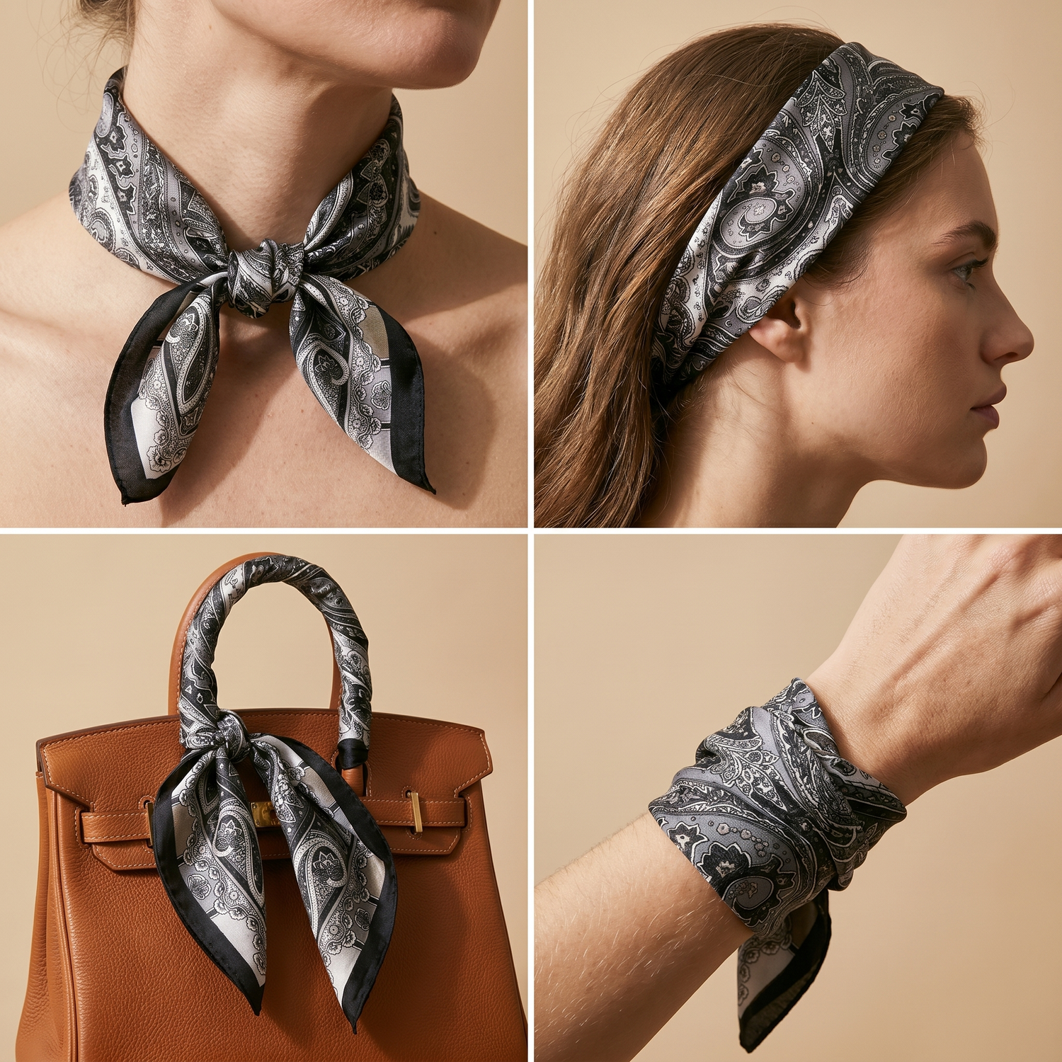 Roselys Paris foulard femme gris noir paisley carré satiné 70x70 cm, en bandeau dans les cheveux