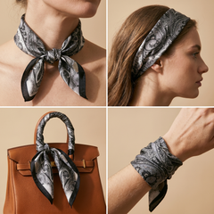 Roselys Paris foulard femme gris noir paisley carré satiné 70x70 cm, en bandeau dans les cheveux