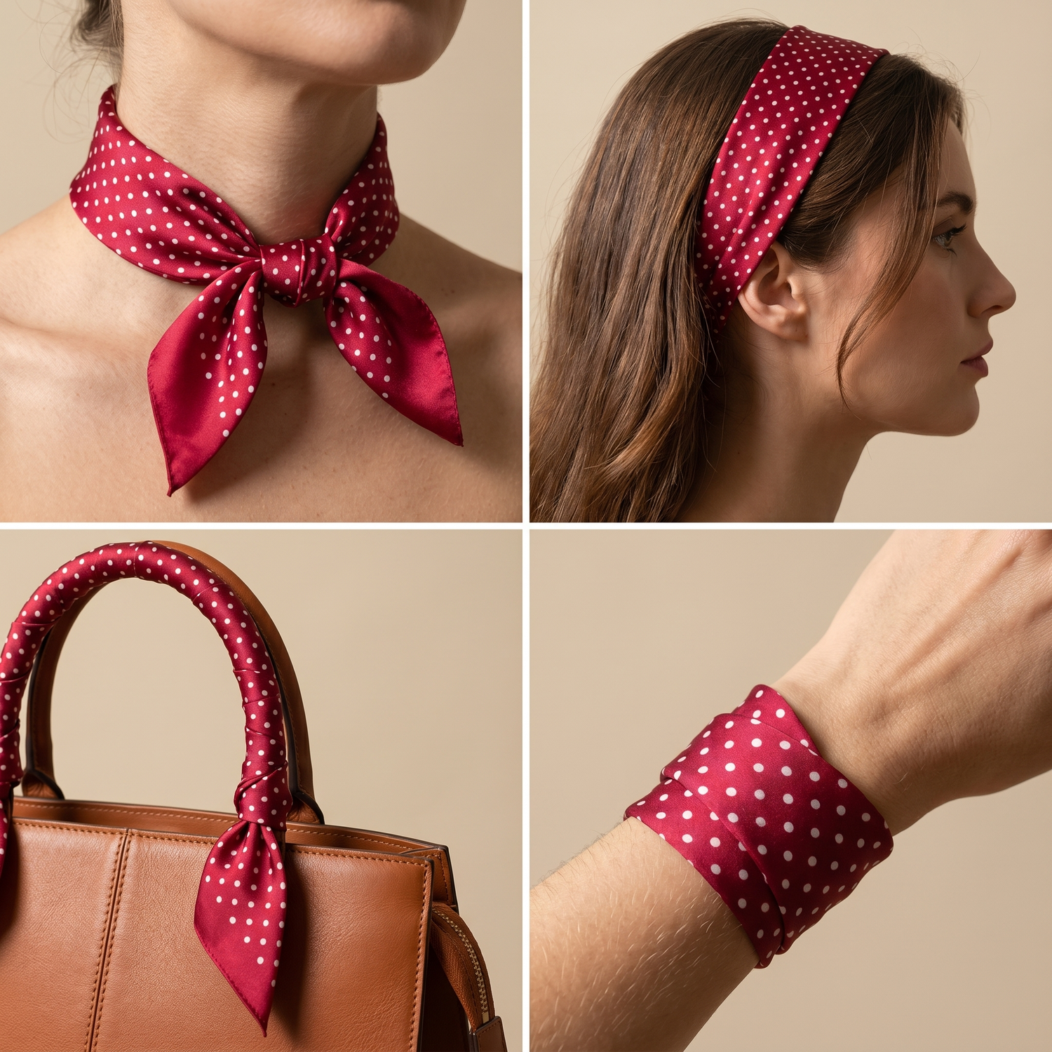 Roselys Paris foulard femme rouge blanc géométrique carré satiné 70x70 cm, en bandeau dans les cheveux