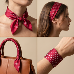 Roselys Paris foulard femme rouge blanc géométrique carré satiné 70x70 cm, en bandeau dans les cheveux