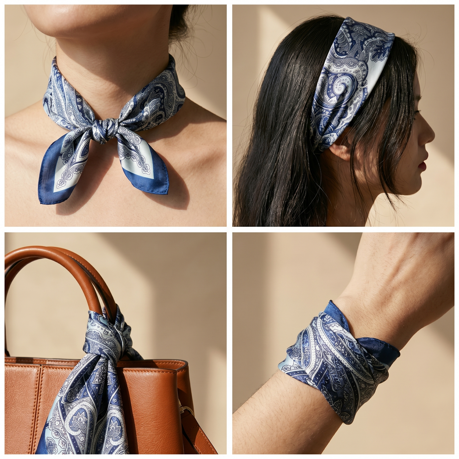 Roselys Paris foulard femme marine blanc baroque carré satiné 70x70 cm, en bandeau dans les cheveux