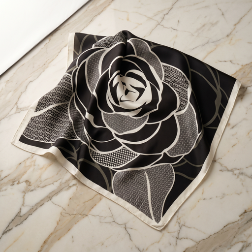Roselys Paris foulard femme noir blanc fleuri carré satiné 70x70 cm