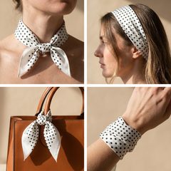 Roselys Paris foulard femme blanc noir géométrique carré satiné 70x70 cm, en bandeau dans les cheveux