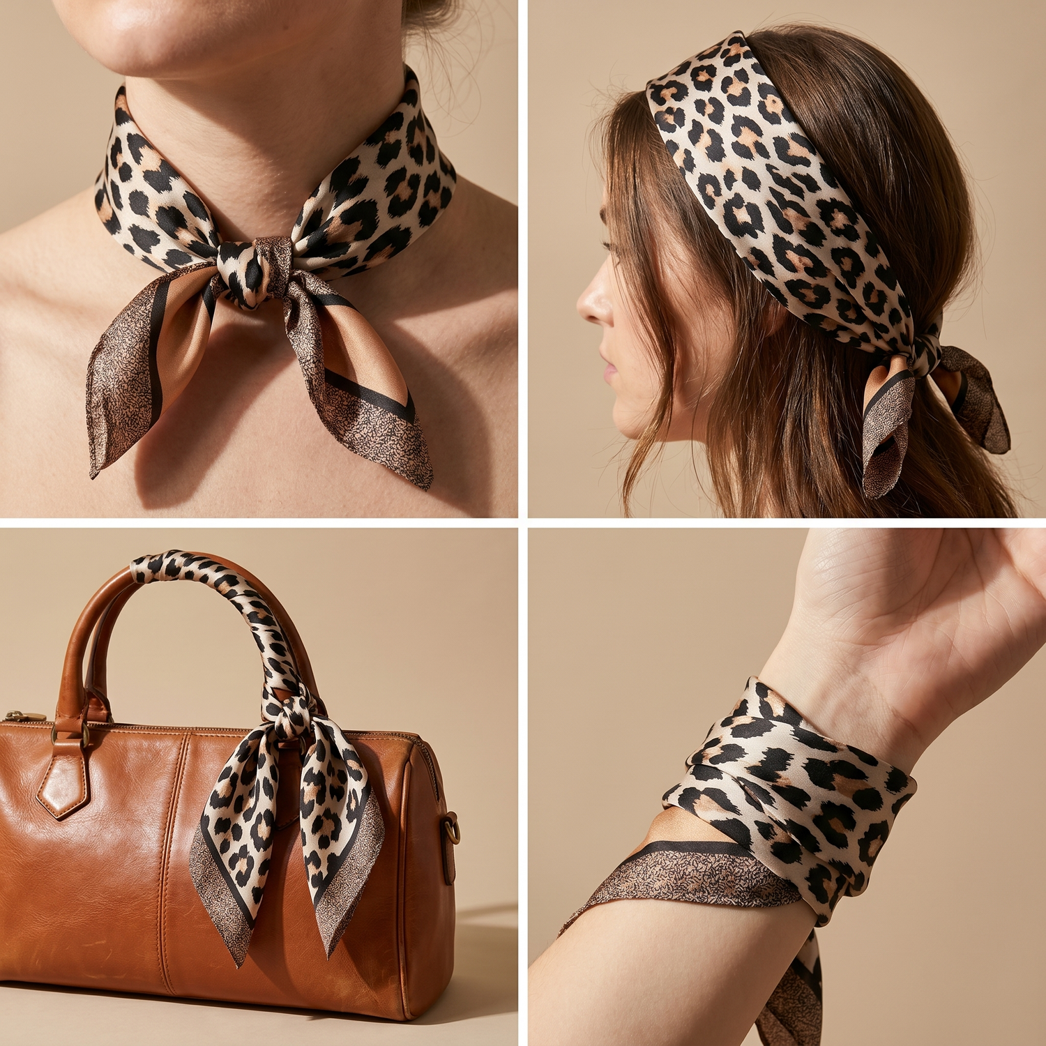 Roselys Paris foulard femme marron noir animalier carré satiné 70x70 cm, en bandeau dans les cheveux