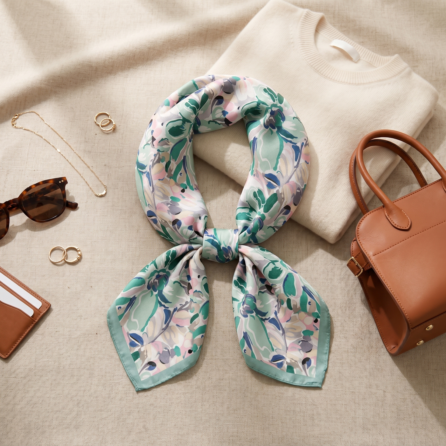 Roselys Paris foulard femme blanc vert fleuri carré satiné 70x70 cm, porté au cou