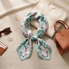 Roselys Paris foulard femme blanc vert fleuri carré satiné 70x70 cm, porté au cou