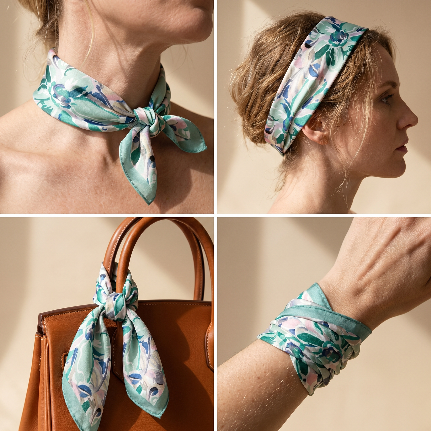 Roselys Paris foulard femme blanc vert fleuri carré satiné 70x70 cm, en bandeau dans les cheveux