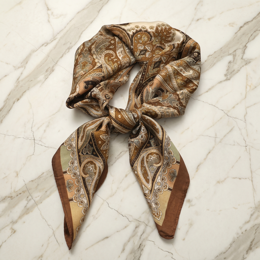 Roselys Paris foulard femme marron doré paisley carré satiné 70x70 cm