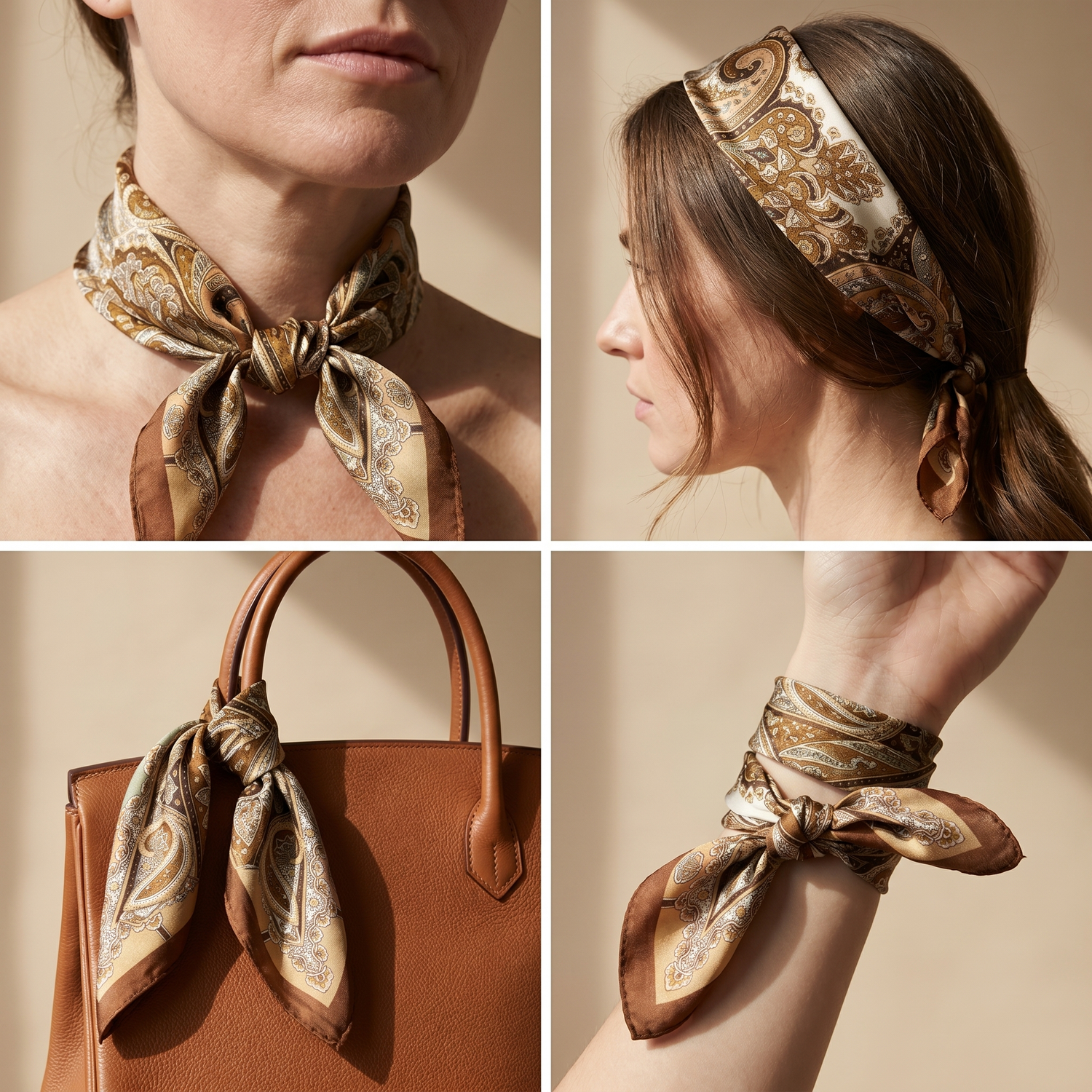 Roselys Paris foulard femme marron doré paisley carré satiné 70x70 cm, en bandeau dans les cheveux