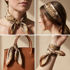 Roselys Paris foulard femme marron doré paisley carré satiné 70x70 cm, en bandeau dans les cheveux