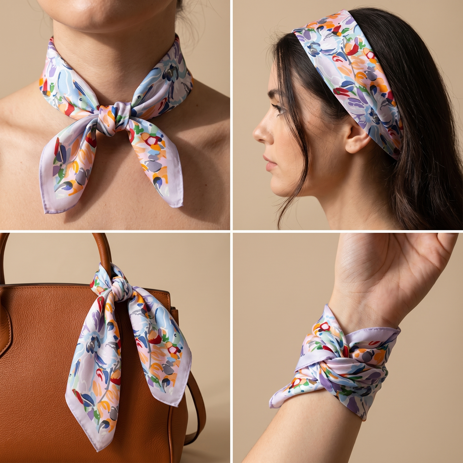 Roselys Paris foulard femme blanc orange fleuri carré satiné 70x70 cm, en bandeau dans les cheveux