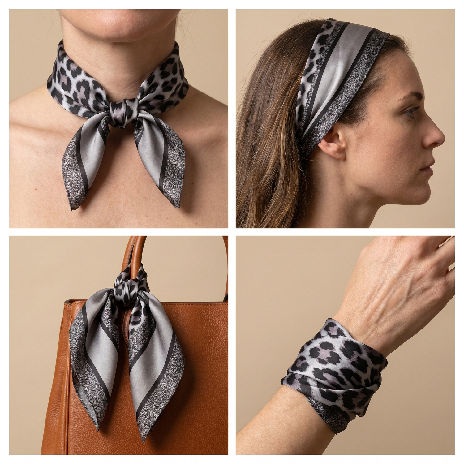 Roselys Paris foulard femme gris noir animalier carré satiné 70x70 cm, en bandeau dans les cheveux