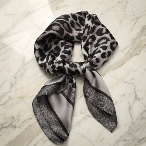 Roselys Paris foulard femme gris noir animalier carré satiné 70x70 cm