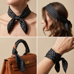 Roselys Paris foulard femme noir blanc géométrique carré satiné 70x70 cm, en bandeau dans les cheveux