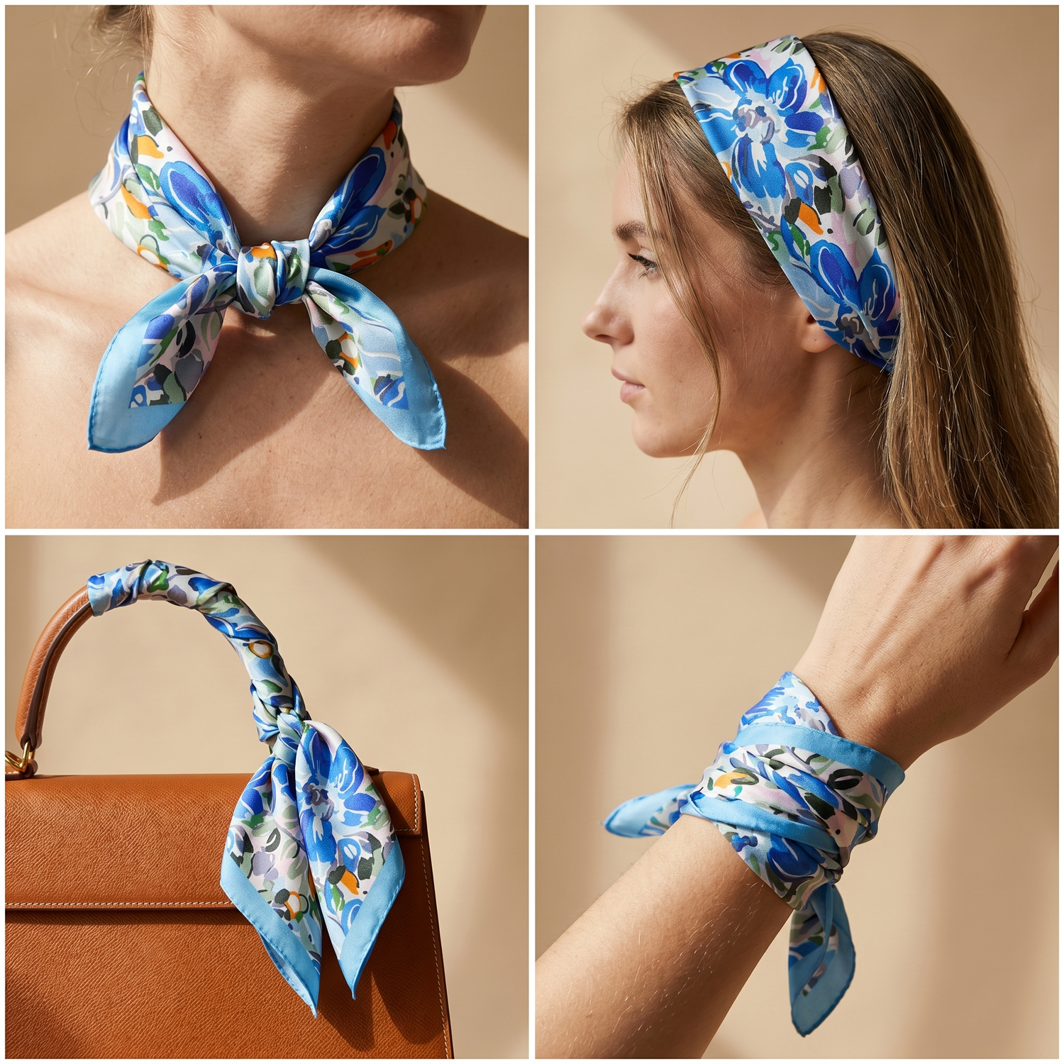 Roselys Paris foulard femme bleu blanc fleuri carré satiné 70x70 cm, en bandeau dans les cheveux