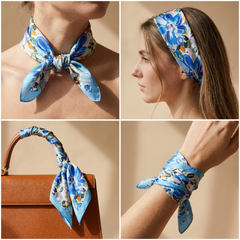 Roselys Paris foulard femme bleu blanc fleuri carré satiné 70x70 cm, en bandeau dans les cheveux