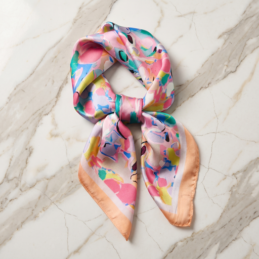 Roselys Paris foulard femme rose bleu ciel fleuri carré satiné 70x70 cm