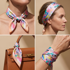 Roselys Paris foulard femme rose bleu ciel fleuri carré satiné 70x70 cm, en bandeau dans les cheveux