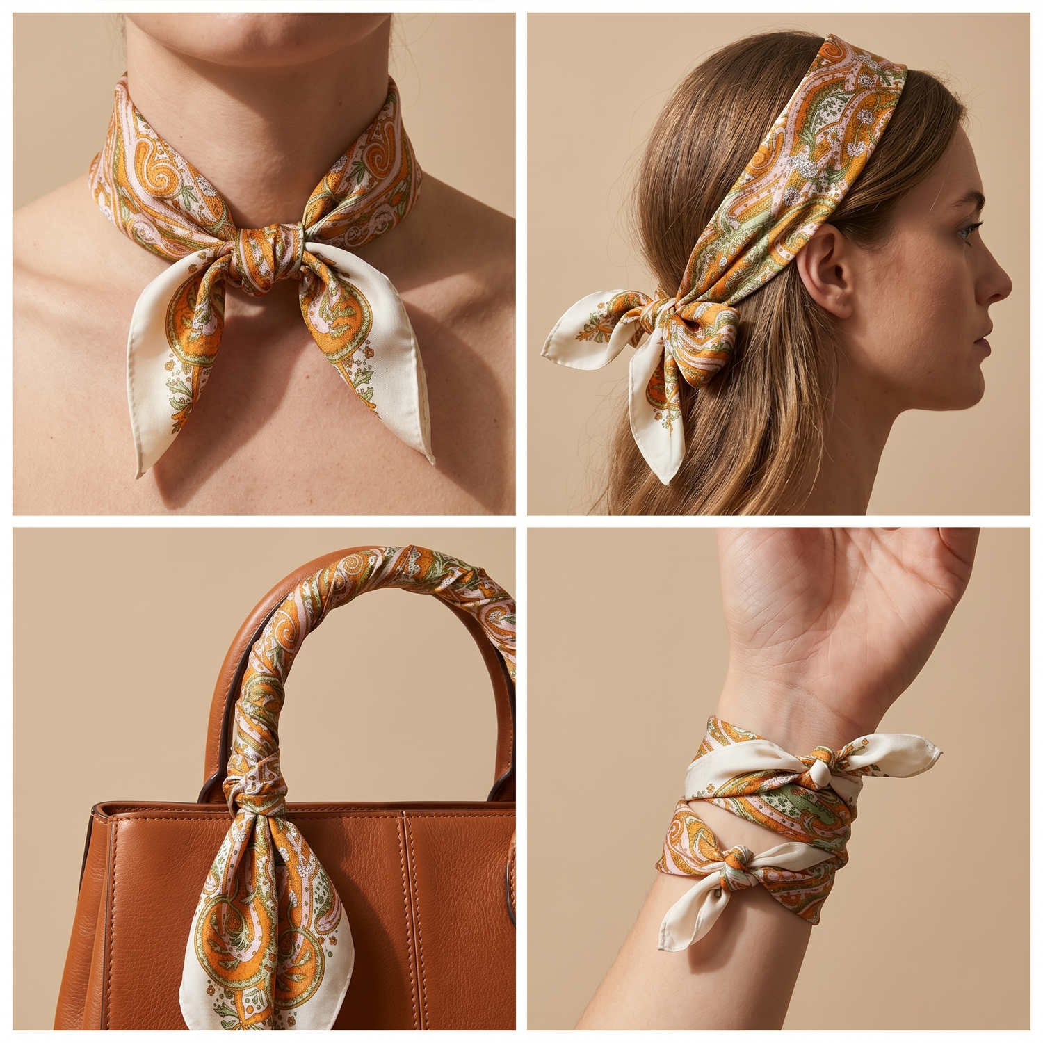 Roselys Paris foulard femme orange doré paisley carré satiné 70x70 cm, en bandeau dans les cheveux