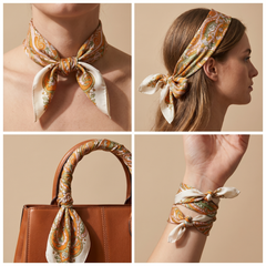Roselys Paris foulard femme orange doré paisley carré satiné 70x70 cm, en bandeau dans les cheveux