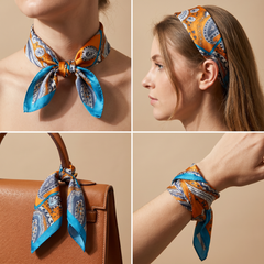 Roselys Paris foulard femme orange turquoise paisley carré satiné 70x70 cm, en bandeau dans les cheveux